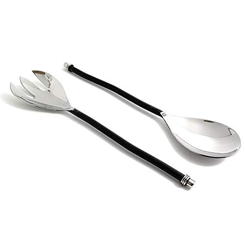 Salad Serving Set of 2 (Twisted Handle Silver Finish) Black Formal Stainless