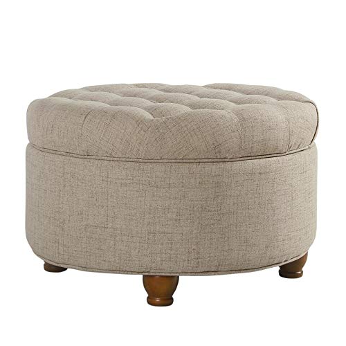 Light Tan Tufted Large Round Storage Ottoman Solid Transitional Fabric Foam Wood - Diamond Home USA