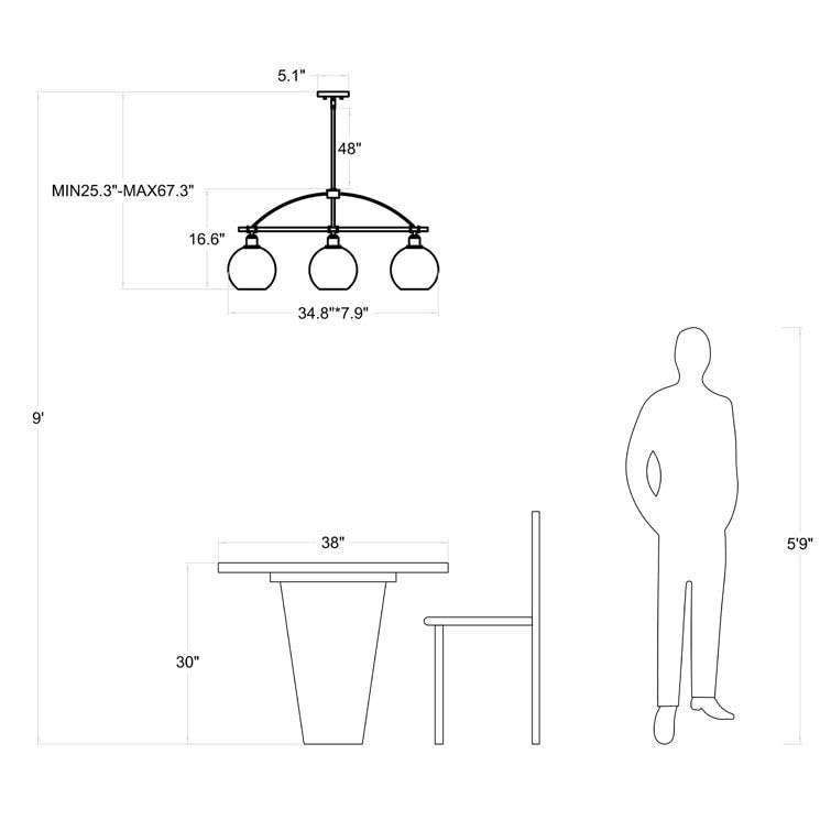 3 Light Kitchen Island Modern 4.65"*8"*25.24"-67.24" Black Industrial - Diamond Home USA