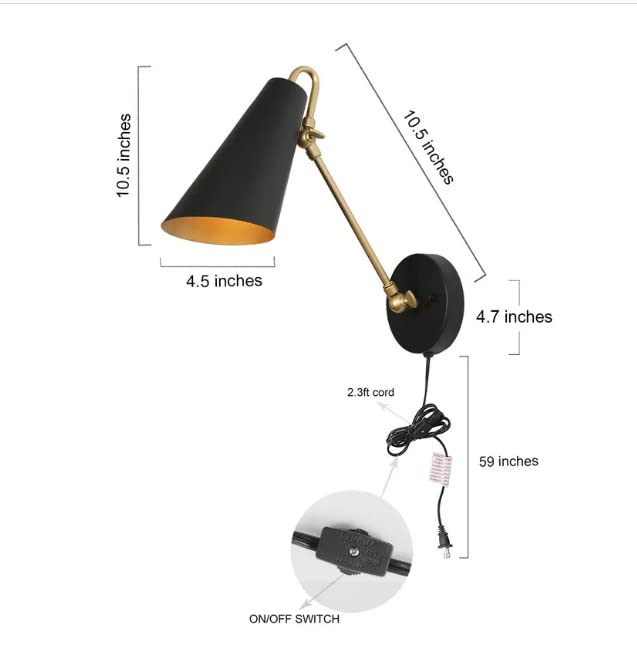 Modern Black Brass Plug-in Adjustable Wall Sconces Gold Industrial Mid-century - Diamond Home USA