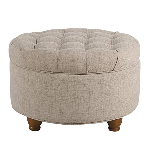 Light Tan Tufted Large Round Storage Ottoman Solid Transitional Fabric Foam Wood