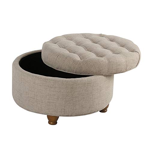 Light Tan Tufted Large Round Storage Ottoman Solid Transitional Fabric Foam Wood - Diamond Home USA
