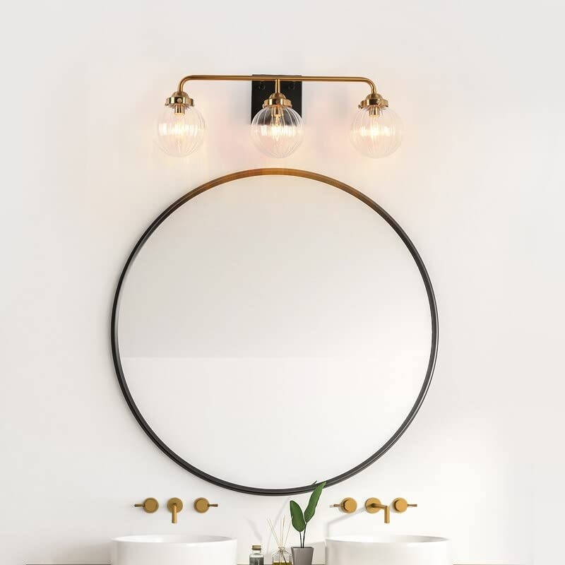 Modern Black Gold 3-Light Bathroom Vanity Light Wall Sconces with Ribbed Glass L - Diamond Home USA