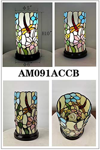 Tiffany Style Accent Lamp 10" Tall Stained Glass White Yellow Dragonfly Floral - Diamond Home USA