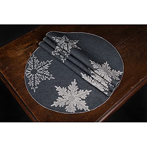 Snowflake Embroidered Christmas Round Placemats 16-inch Set of 4 Grey Polyester - Diamond Home USA