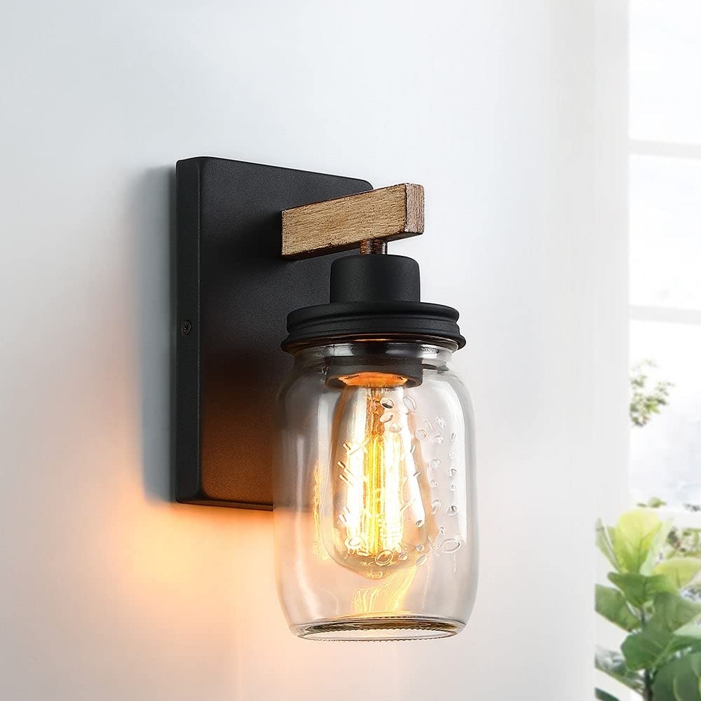 1-light Black/wood Tone Rustic Wall Sconce with Clear Mason Jar Glass Shade 4.7"