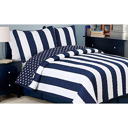 Blue White Cabana Stripe Bedding Quilt Set Full Queen Reversible Star Striped