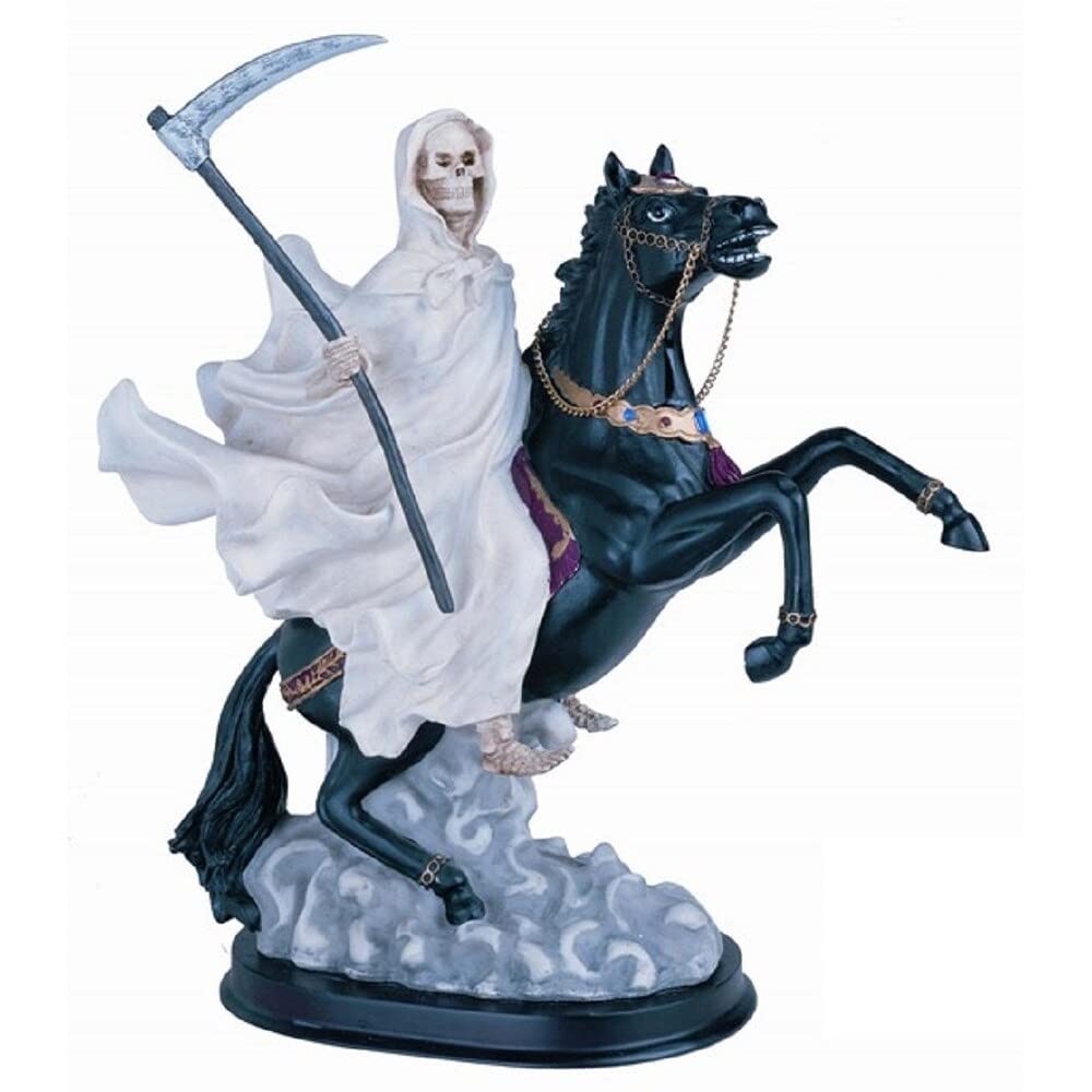 12" h White Santa Riding Black Horse Statue Our Lady of The Holy Death