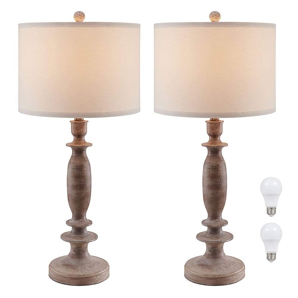 29" h Table Lamp Set of 2 Wood Finish with White Linen Shade 29'' Farmhouse - Diamond Home USA