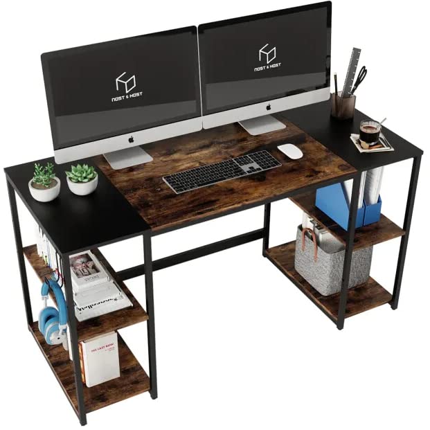 55 Inches Computer Desk with 4 Storage Shelves Brown Industrial Rectangular