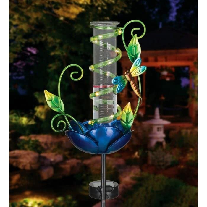 Rain Gauge Solar Stake Dragonfly Blue Metal - Diamond Home USA