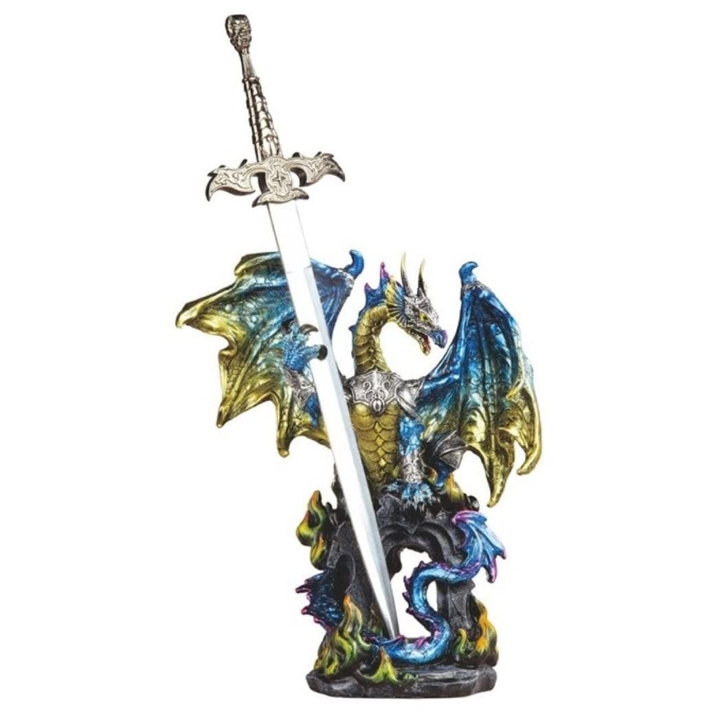 15" h Blue Dragon with Sword On Arch Statue Fantasy Decoration Figurine Multi