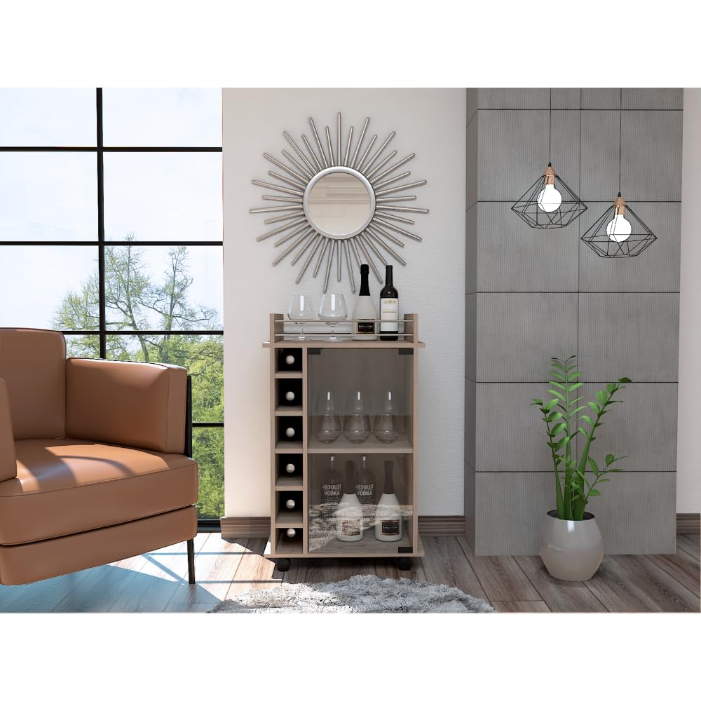 Tuhome Dukat Bar Cart Two Shelves Six Built-in Rack Four Casters -Black