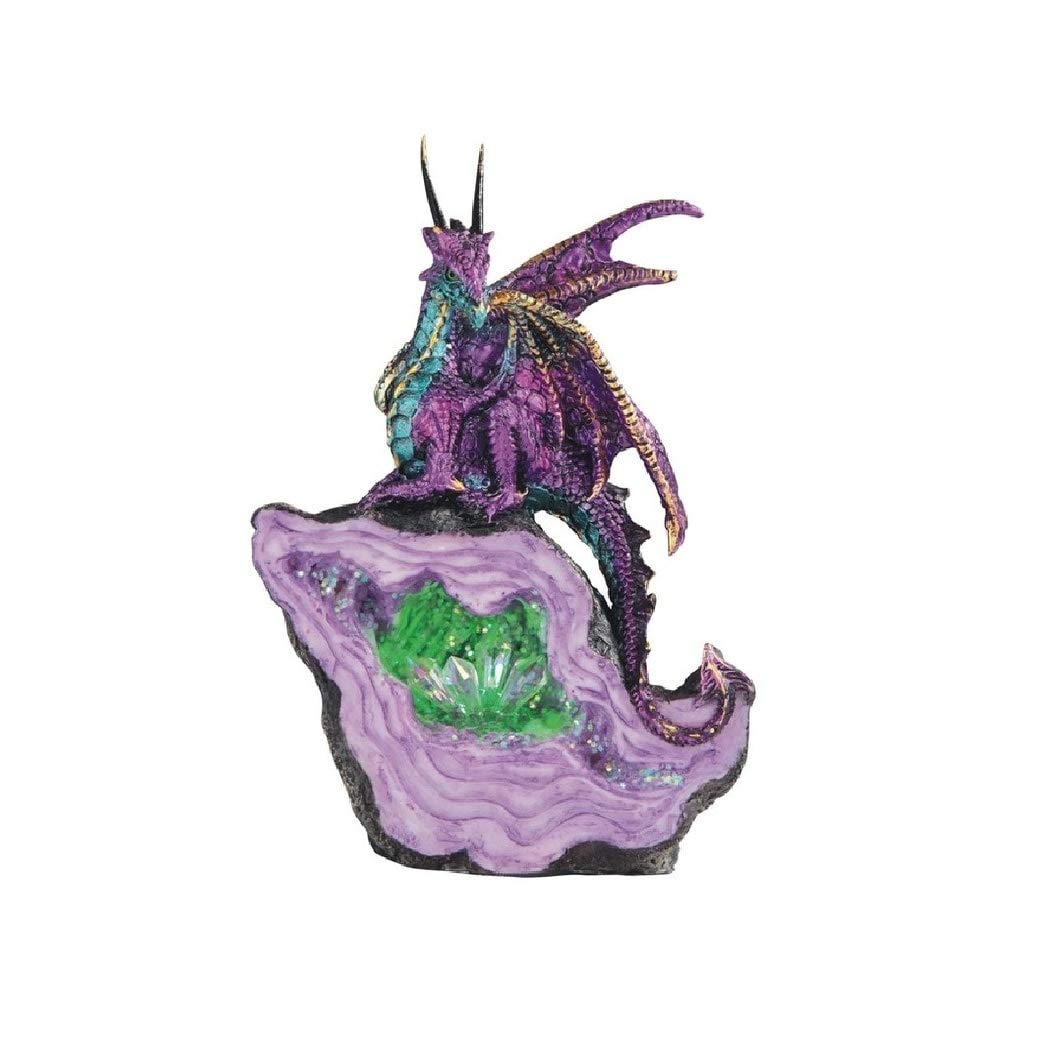 6.75" h Pink/Purple Dragon On Green Crystal Stone with Led Light Statue