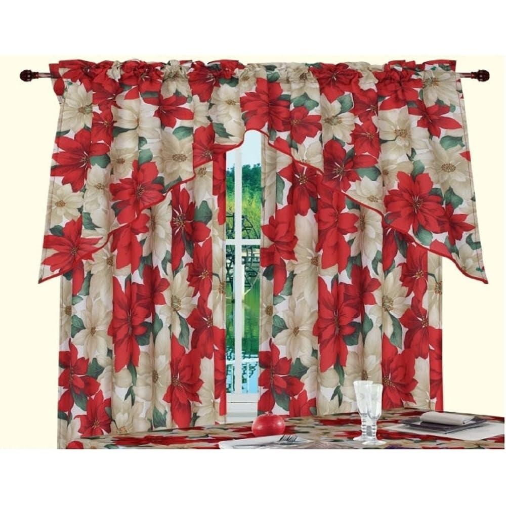 Decorative Christmas Poinsettia Floral 3pc Set 60" X 18" Valance 30"x 36"
