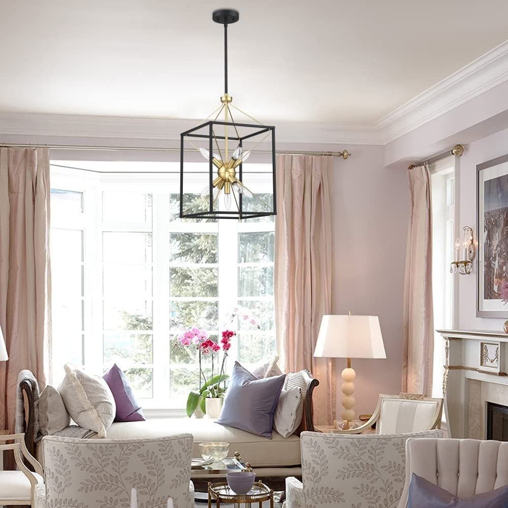 12.2 in. 9-Light Modern Rectangle Lantern Light with Matte Black Finish and Gold - Diamond Home USA