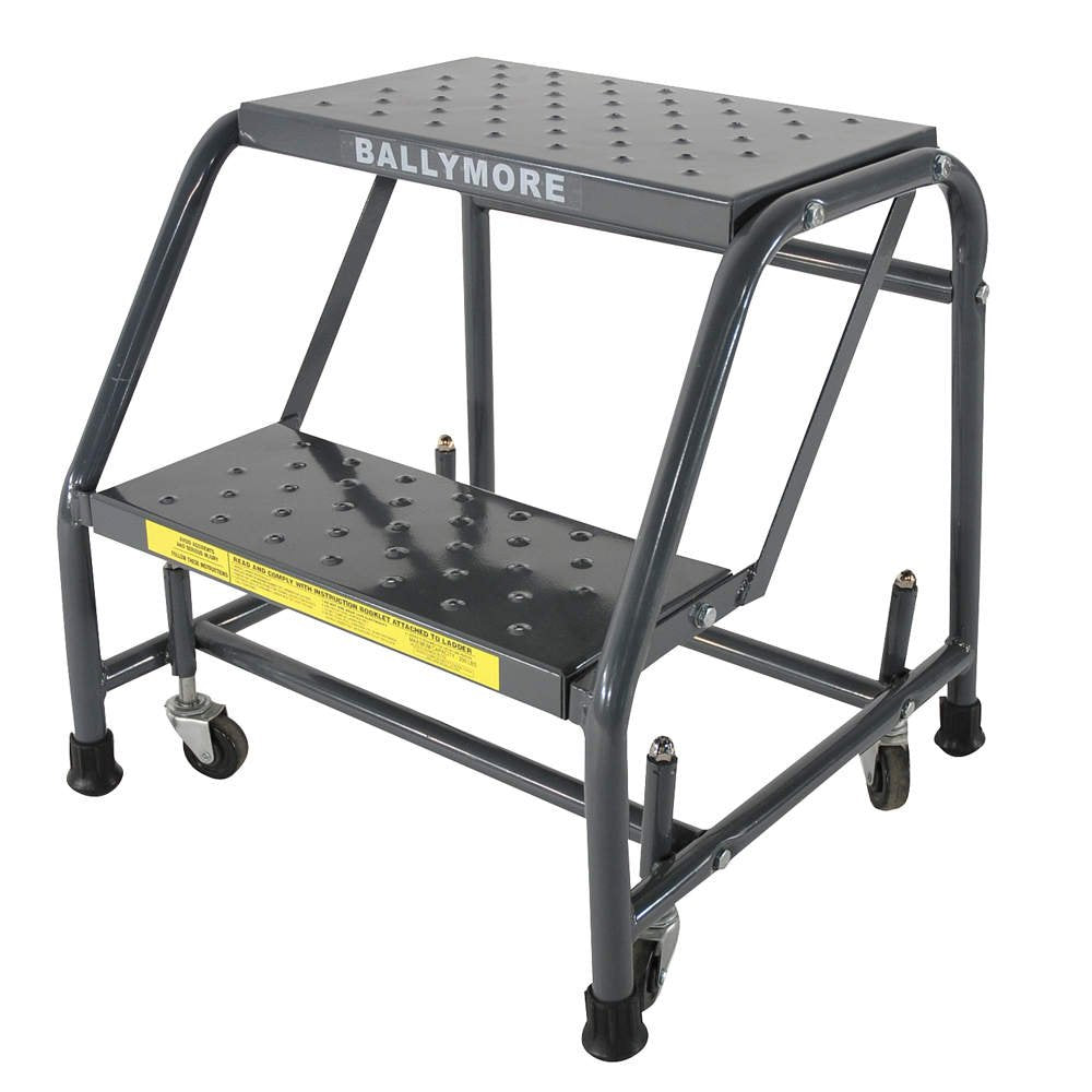 Perforated 16"W 2 Step Steel Rolling Ladder 10"D Top Step