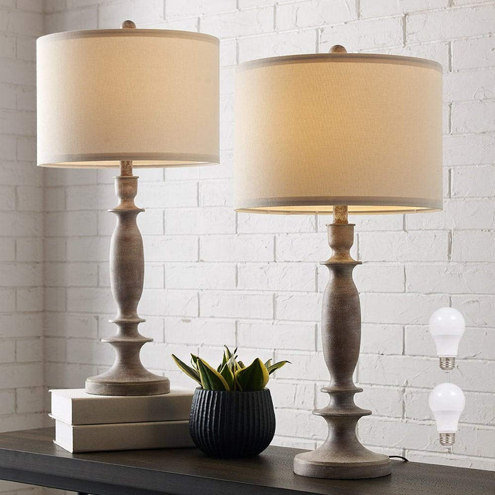29" h Table Lamp Set of 2 Wood Finish with White Linen Shade 29'' Farmhouse