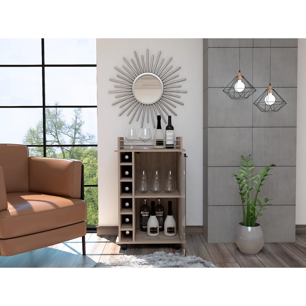 Tuhome Dukat Bar Cart Two Shelves Six Built-in Rack Four Casters -Black