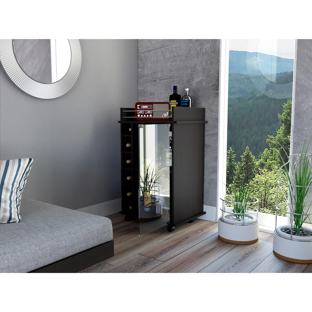 Tuhome Dukat Bar Cart Two Shelves Six Built-in Rack Four Casters -Black