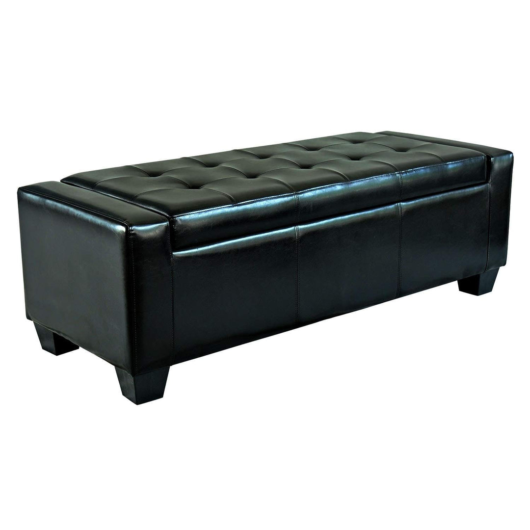 Black Faux Leather Storage Ottoman Bench Solid Modern Contemporary