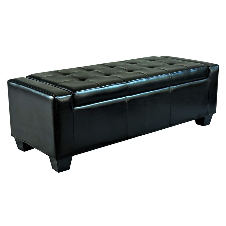 Black Faux Leather Storage Ottoman Bench Solid Modern Contemporary