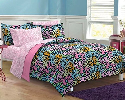 D&H 5 Piece Girls Teen Rainbow Leopard Themed Comforter Twin XL Set All Over - Diamond Home USA