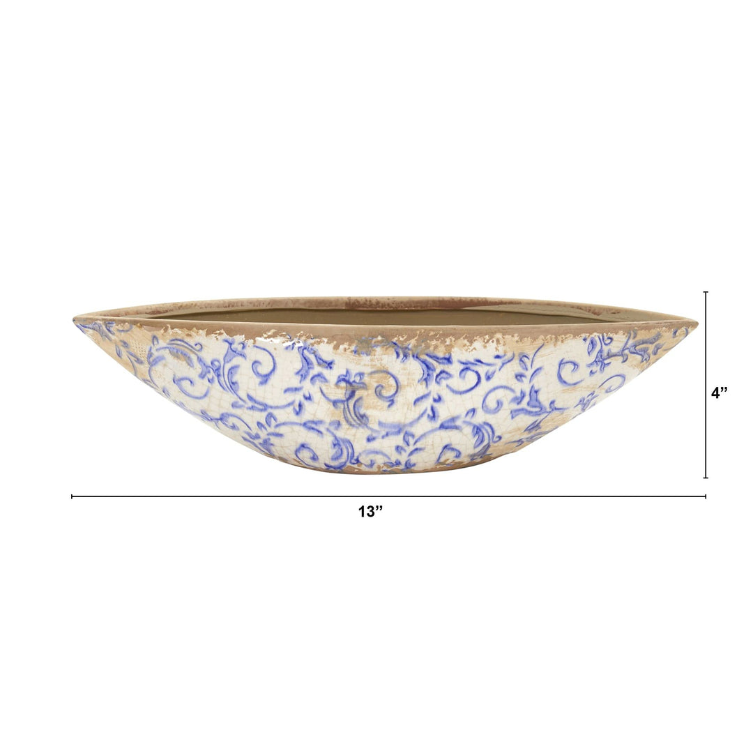 13" Tuscan Ceramic Blue Scroll Decorative Bowl White Traditional - Diamond Home USA