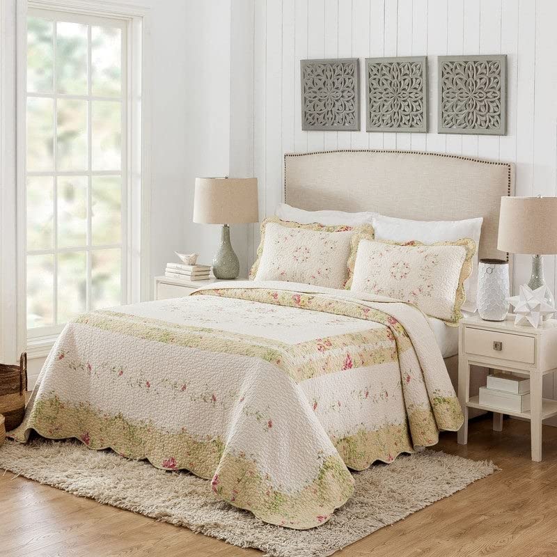 Prairie Bloom King Bedspread Off/White Floral Cottage Cotton 1 Piece - Diamond Home USA