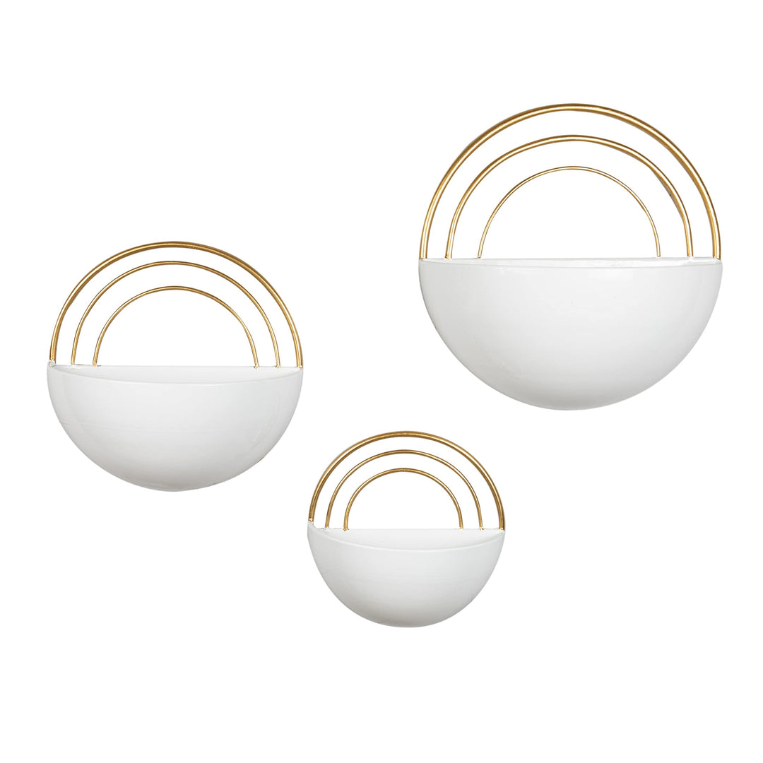 Crescent 3-Piece Metal Wall Planter Set White with Gold Detail Round Iron - Diamond Home USA
