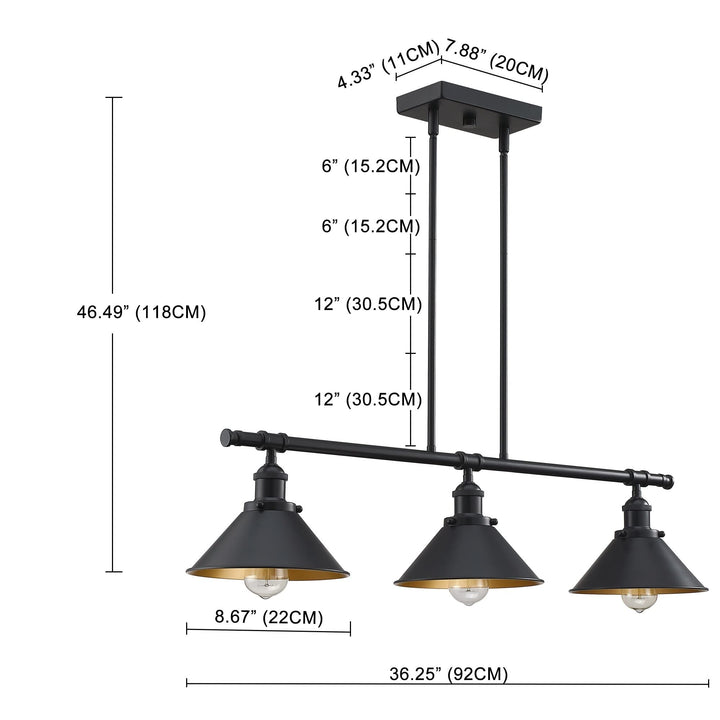 36.25 in. 3-light Island Chandelier with Matte Black Finish Farmhouse Metal - Diamond Home USA
