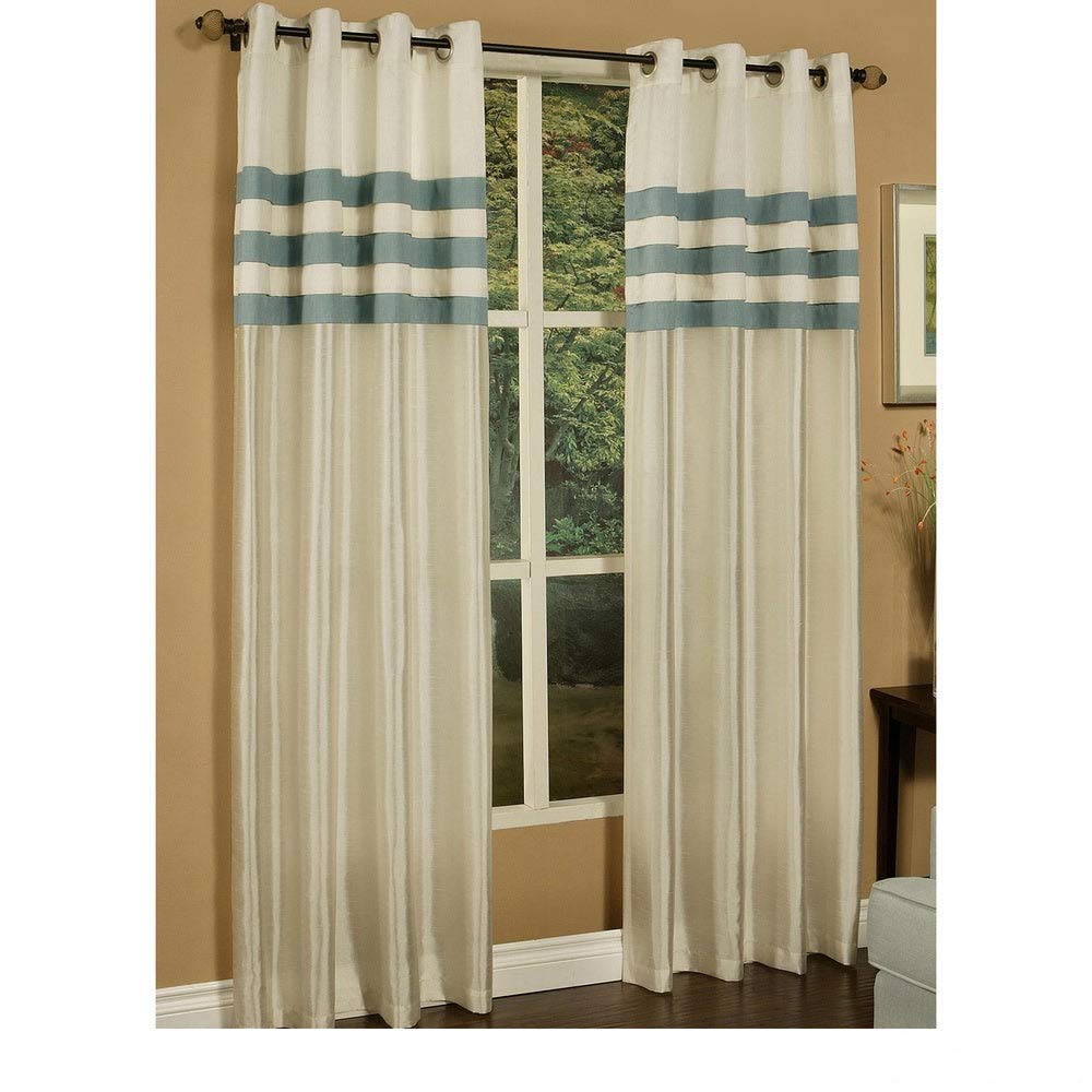 Sherry Kline Faux Silk Stripe Pleats Grommet Top Curtain Panel Pair Seamist Blue Blue/Seamist - 50 x 84 - 84 Inches
