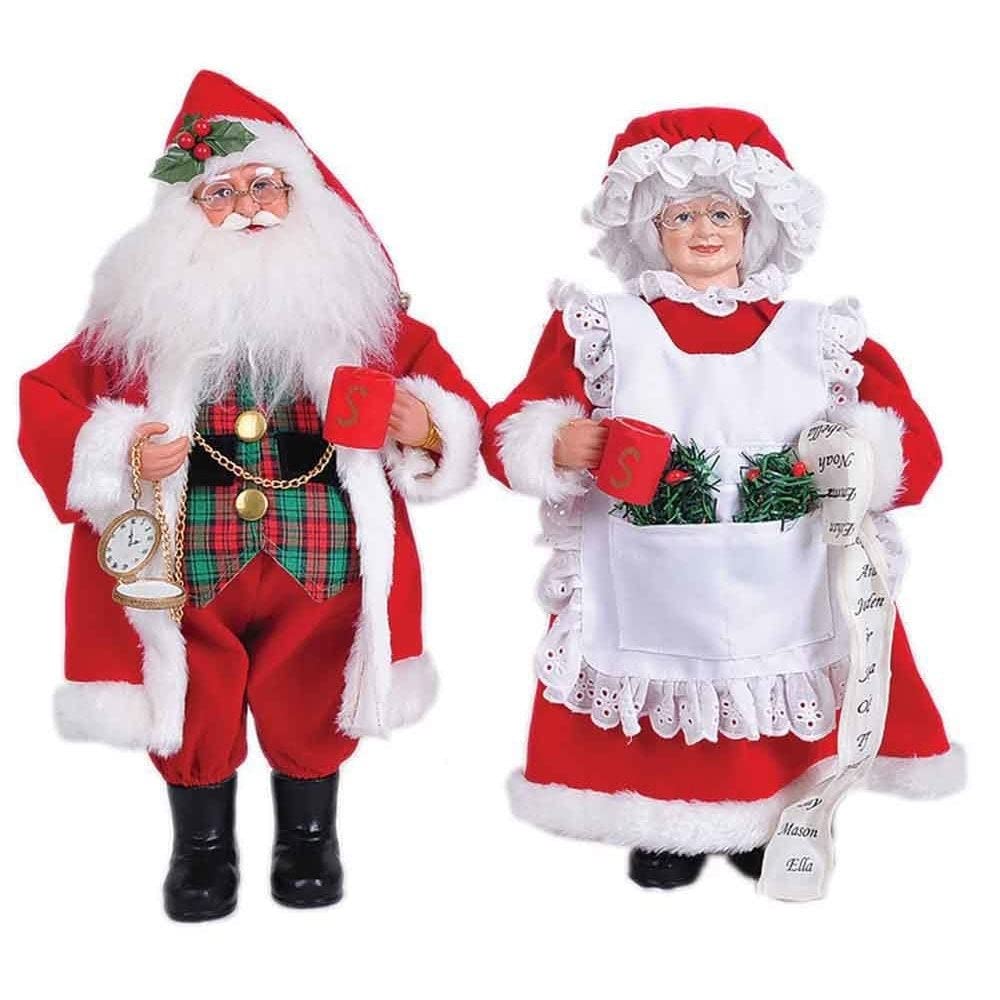 15" Mr and Mrs Claus Figurine Set of 2 Multi Color Wood