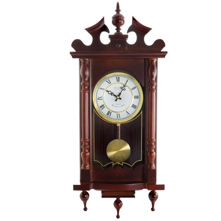 Decorative 31 inch Chiming Wall Clock W/Pendulum Red Rectangular Wood Cherry - Diamond Home USA