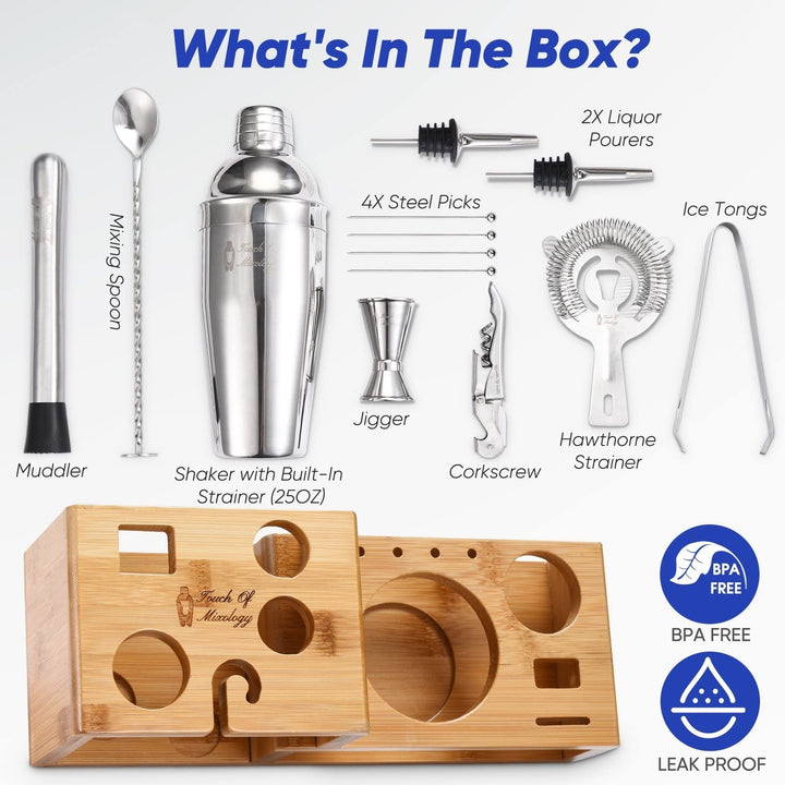 Touch of Mixology 14 Piece Bartender Kit Bar Set Cocktail Shaker Silver - Diamond Home USA