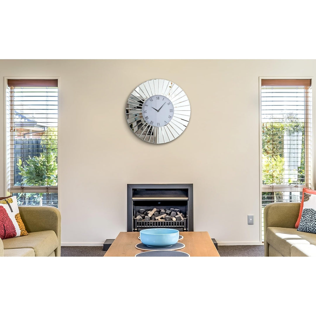 Round Wall Clock 24 Inches Mirrored Large Silver Glam Contemporary Glass Wood - Diamond Home USA