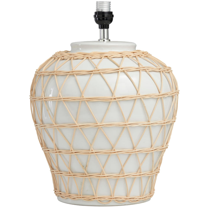 White Ceramic Woven Rattan Geometric Table Lamp with Linen Shade - Diamond Home USA