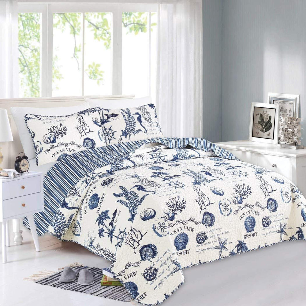 D&H 2 Piece Blue White Beach Theme Quilt Twin Set Sea Shell Life Inspired - Diamond Home USA