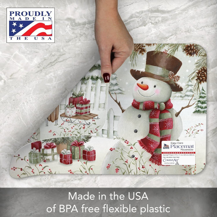 Brown Hat Snowman Reversible Easy Flexible Plastic Placemat 4 Pack Made in The - Diamond Home USA