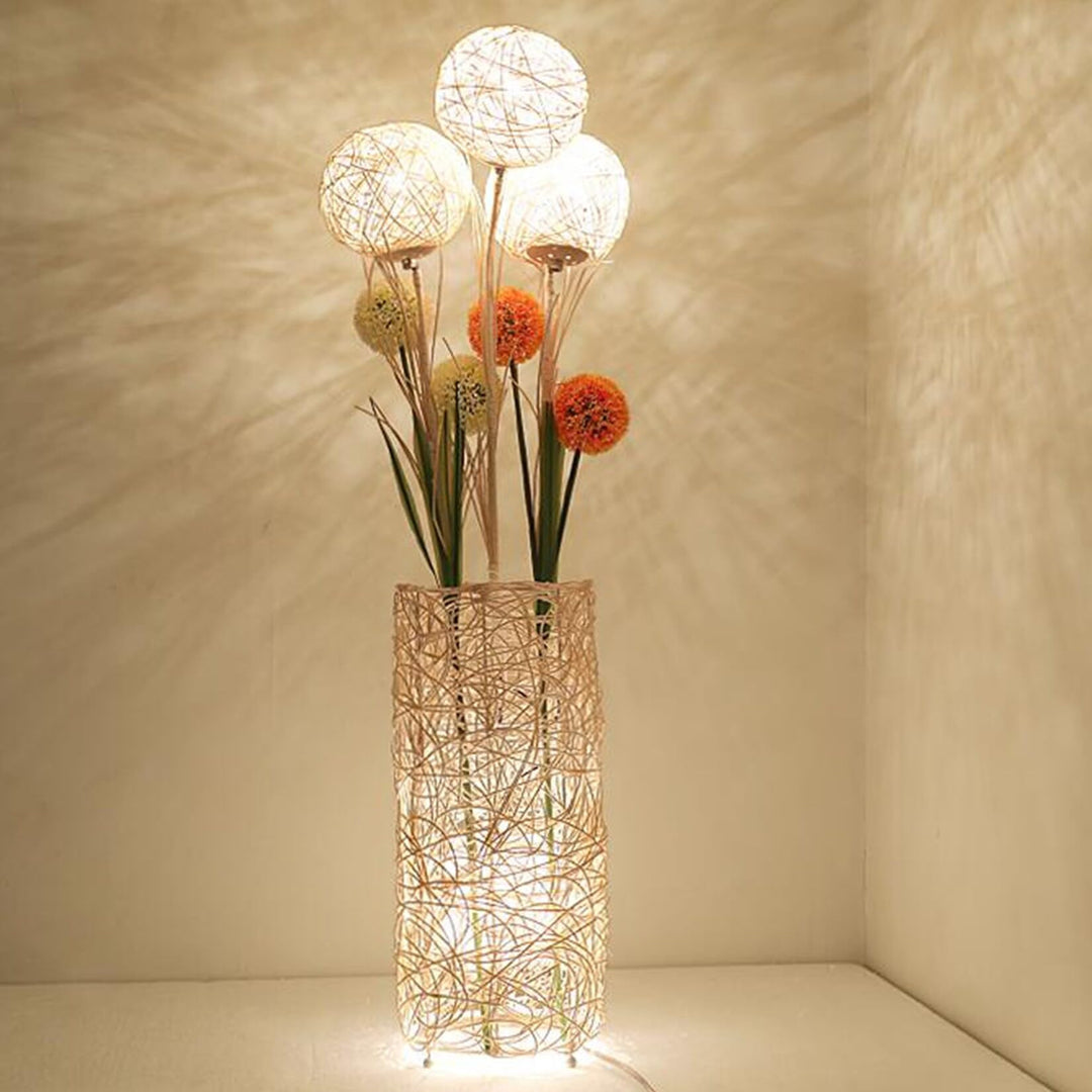 Rattan Led Floor Lamp with Flower Balls 42.9" Beige Mid-Century Modern Bulbs - Diamond Home USA