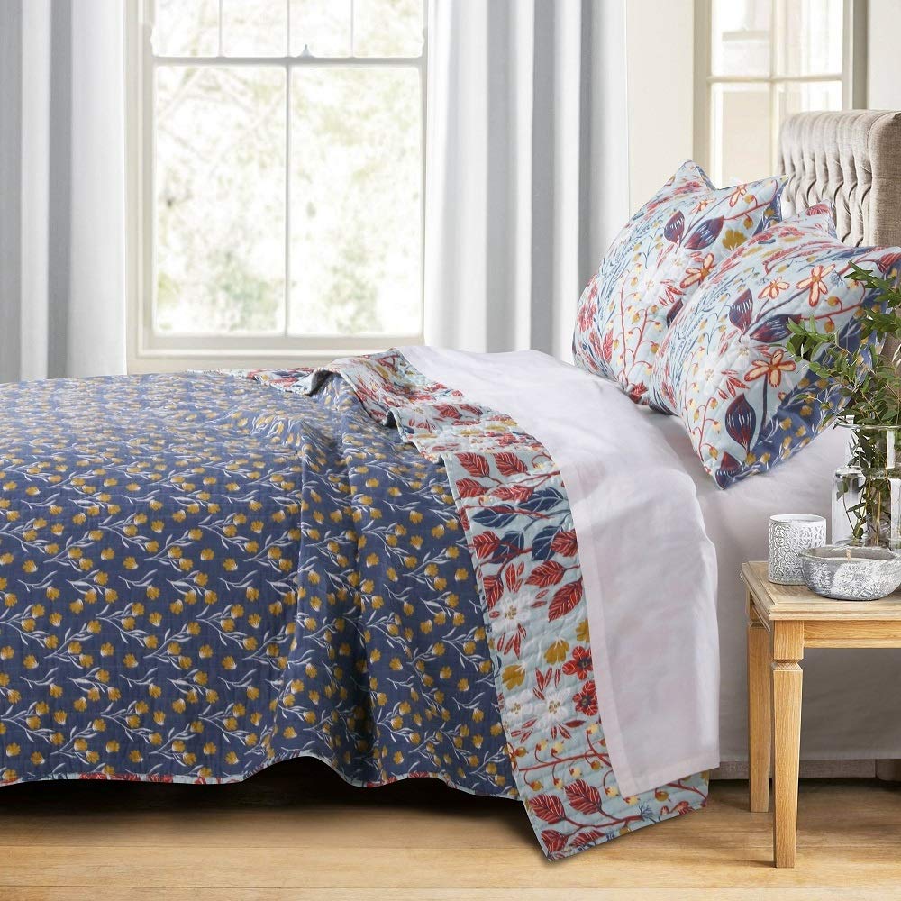 3 Piece French Country Slate Blue Quilt Contemporary Style Free Flowing Queen/Full - Queen - Diamond Home USA