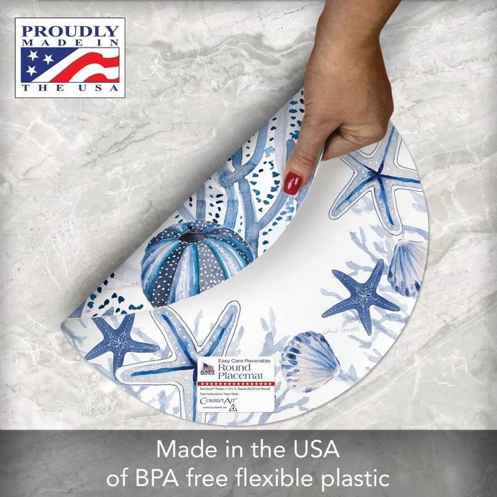 Wipe-Clean Reversible Round Shaped Placemats Indigo Coastal Set of 4 Made in The - Diamond Home USA