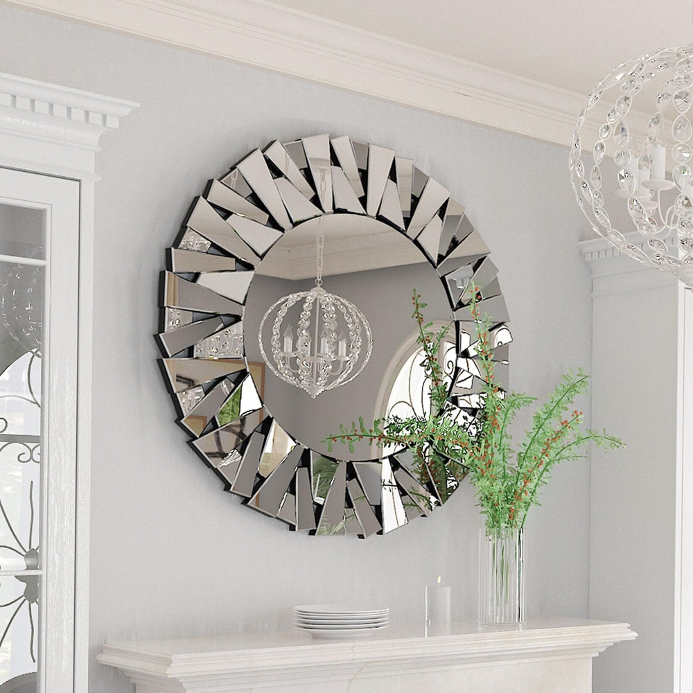 Sunburst Round Glass Accent Wall Mirror 32"x32" Silver Modern Contemporary - Diamond Home USA
