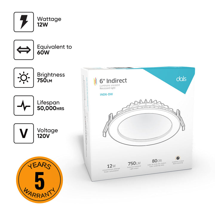 DALS Lighting IND6-DW-WH 6" Round Indirect Led Recessed Light White - Diamond Home USA