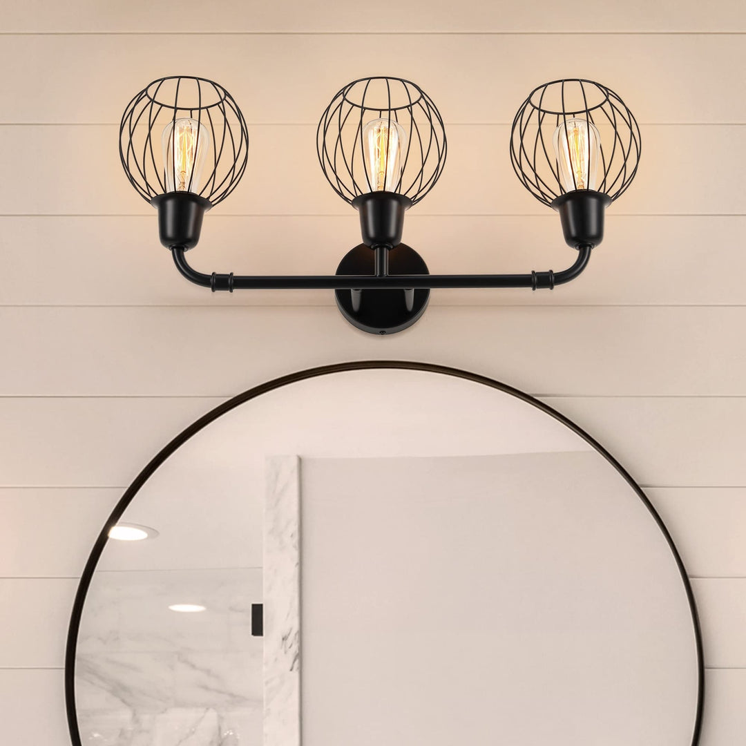 3-Light Industrial Vanity Light Wall Sconce with Cage Shades Black Modern