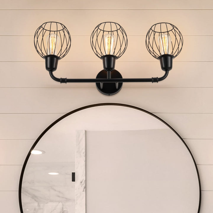 3-Light Industrial Vanity Light Wall Sconce with Cage Shades Black Modern