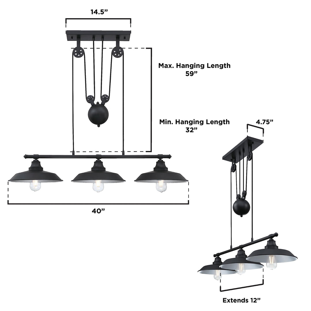 Westinghouse 6332500 Iron Hill Three-Light Indoor Island Pulley Pendant Finish Oil Rubbed with Highlights