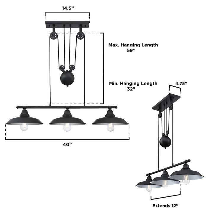 Westinghouse 6332500 Iron Hill Three-Light Indoor Island Pulley Pendant Finish Oil Rubbed with Highlights