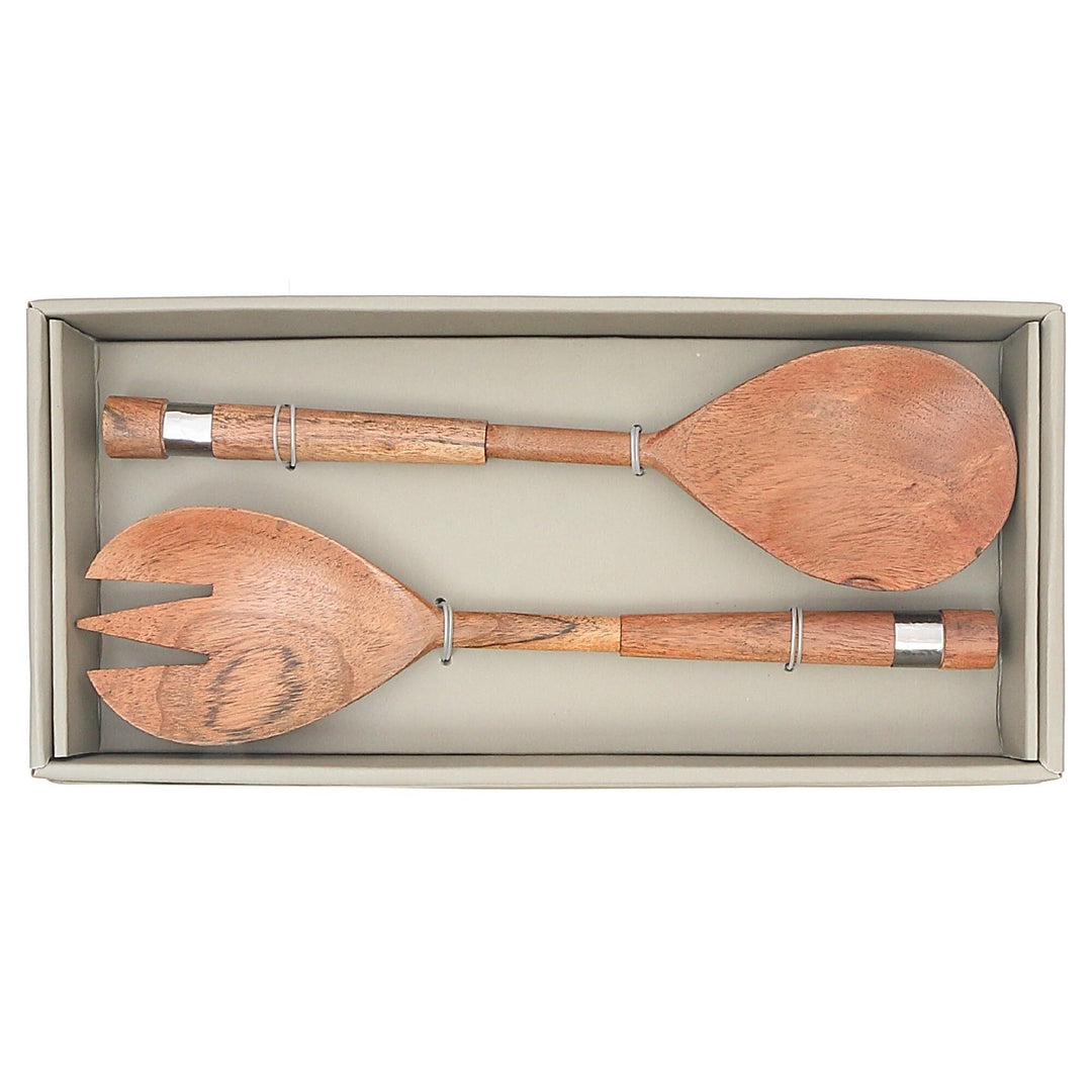 Natural Acacia Wood with Hammered Nickel 2 Pc Salad Server Set Brown Rectangle - Diamond Home USA