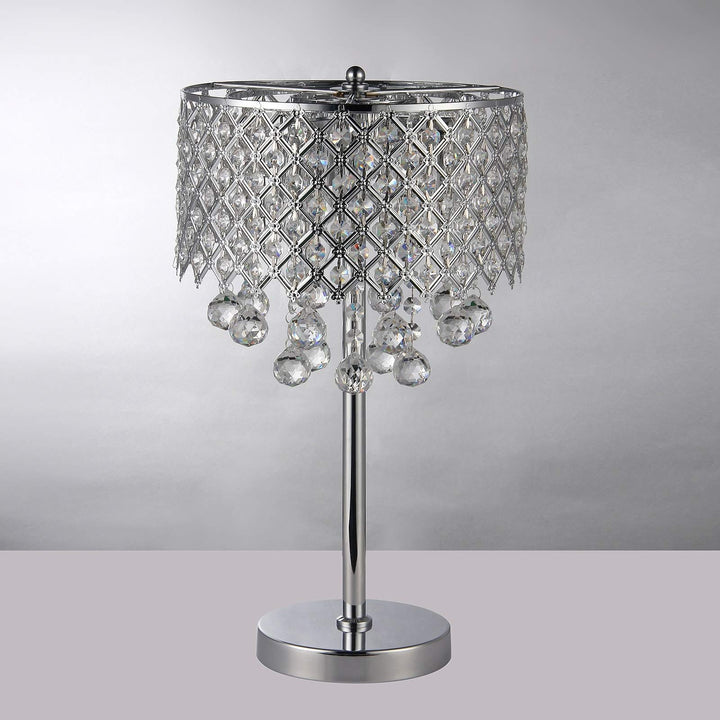 Chrome 3-Light Table Lamp with Crystal Bead Drum Shade Glam Dimmable - Diamond Home USA